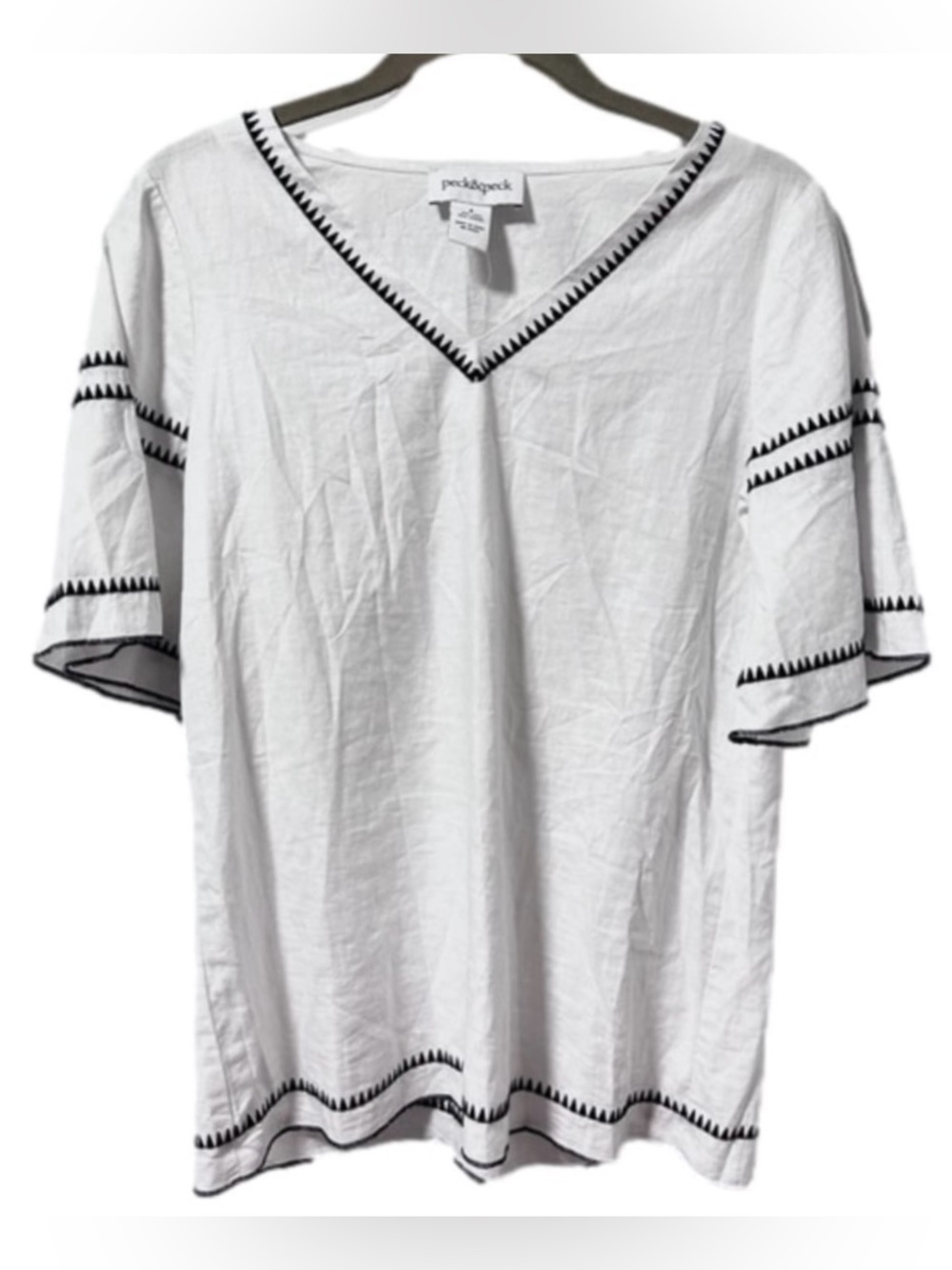 Peck & Peck White Linen Embroidered V-Neck Shirt Women’s Size Small Coastal Boho